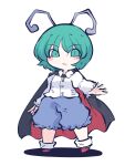 1girl antennae black_cape blue_shorts blush_stickers cape closed_mouth collared_shirt fried_rice0614 full_body green_eyes green_hair highres long_sleeves one-hour_drawing_challenge shirt short_hair shorts simple_background solo touhou white_background white_shirt wriggle_nightbug 