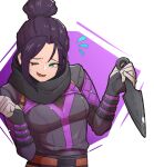 1girl animification apex_legends bangs belt black_bodysuit black_hair black_scarf blue_eyes bodysuit brown_belt hair_behind_ear hair_bun highres holding holding_knife kellila93 knife kunai looking_to_the_side one_eye_closed open_mouth parted_bangs scarf smile solo weapon wraith&#039;s_kunai wraith_(apex_legends) 