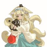  1girl animal_ear_fluff animal_ears animal_hug arknights bag bangs black_cat blonde_hair blue_hairband blue_skirt cat closed_mouth commentary_request crossover elize51816 fox_ears fox_girl fox_tail frilled_hairband frills green_eyes hairband heixiu jacket kitsune long_hair long_sleeves looking_at_viewer luoxiaohei on_head open_clothes open_jacket puffy_long_sleeves puffy_sleeves shirt shoulder_bag simple_background sketch skirt suzuran_(arknights) suzuran_(spring_praise)_(arknights) tail the_legend_of_luo_xiaohei very_long_hair white_background white_jacket white_shirt 