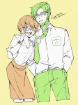  1boy 1girl apex_legends collared_shirt crypto_(apex_legends) glasses green_eyes green_hair green_necktie green_pants hand_in_pocket highres leaning_forward limited_palette looking_at_viewer mozuwaka necktie necktie_grab neckwear_grab orange_eyes orange_hair orange_skirt pants scar scar_on_cheek scar_on_face shirt short_hair skirt smile wattson_(apex_legends) white_shirt yellow_background 