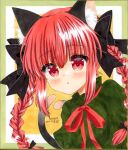  1girl animal_ears black_bow bow braid cat_ears cat_tail hair_bow kaenbyou_rin looking_at_viewer multiple_tails red_eyes redhead shikishi signature solo tail touhou traditional_media twin_braids two_tails yellow_background zenra1112 
