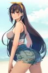  1girl alternate_costume black_hair blue_sky breasts closed_mouth clouds commentary_request cowboy_shot cutoffs dark-skinned_female dark_skin denim denim_shorts grey_shorts hairband highres kantai_collection kasumi_(skchkko) large_breasts long_hair looking_at_viewer nagato_(kancolle) red_eyes shorts sky solo sports_bra yellow_hairband 