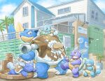  bathing blastoise blue_sky building claws dated day highres holding house katkichi multiple_boys no_humans open_mouth outdoors palm_tree pokemon pokemon_(creature) scrub sky smile squirtle standing tortoise tree turtle wartortle water 