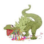  alternate_form blood colorful dandagouglas dinosaur full_body highres horror_(theme) kermit_the_frog muppets no_humans open_mouth standing tongue 