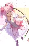  1girl blush bow bow_(weapon) bubble_skirt choker closed_mouth falling_petals frills gloves hair_bow highres holding holding_bow_(weapon) holding_weapon kaname_madoka kneehighs looking_away looking_to_the_side magical_girl mahou_shoujo_madoka_magica petals pink_eyes pink_hair puffy_short_sleeves puffy_sleeves red_bow red_choker red_footwear shoes short_hair short_sleeves short_twintails skirt smile socks solo tokumaro twintails weapon white_gloves white_socks 