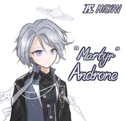  1boy absurdres andoain_(arknights) arknights artist_name black_jacket character_name grey_hair halo highres jacket male_focus mysxan short_hair simple_background solo upper_body violet_eyes white_background 