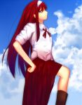 1girl blue_eyes blue_sky brown_footwear closed_mouth clouds commentary_request day gradient_clothes gradient_shirt hairband hand_on_hip highres iro_(sekaixiro) long_hair long_skirt looking_at_viewer neck_ribbon outdoors profile red_ribbon red_shirt red_skirt redhead ribbon shirt short_sleeves skirt sky solo tohno_akiha tsukihime vermillion_akiha white_hairband white_shirt