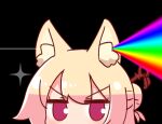  1girl animal_ear_fluff animal_ears bangs black_background blonde_hair blush dark_side_of_the_moon fox_ears hair_between_eyes hair_bun hair_ornament kemomimi-chan_(naga_u) looking_at_viewer naga_u original pink_floyd rainbow simple_background solo sparkle v-shaped_eyebrows violet_eyes 