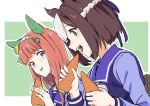  2girls animal_ears aqua_eyes brown_hair carrot ear_covers eating green_background hair_between_eyes headband hime_cut holding holding_carrot horse_ears long_hair long_sleeves multicolored_hair multiple_girls open_mouth orange_hair purple_serafuku school_uniform serafuku shima_aji short_hair special_week_(umamusume) streaked_hair teeth tracen_school_uniform two-tone_background umamusume upper_teeth white_background 