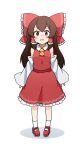  1girl absurdres ascot bow brown_eyes brown_hair detached_sleeves ferdy&#039;s_lab hair_bow hair_tubes hakurei_reimu highres long_hair open_mouth pigeon-toed red_bow red_skirt shoes skirt socks solo standing touhou 