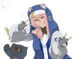  1girl animal_ears arknights barcode barcode_tattoo blue_jacket bridget_(guilty_gear) bridget_(guilty_gear)_(cosplay) brown_eyes character_doll cosplay doctor_(arknights) dokonjou_(odossan) double_w ears_through_headwear fingerless_gloves gloves gravel_(arknights) grey_gloves hands_up heart hood hood_up hooded_jacket jacket long_hair long_sleeves looking_at_viewer mouse_ears mouse_girl parted_lips pink_hair shirt simple_background sleeveless sleeveless_shirt smile solo stuffed_toy tattoo w white_background white_shirt 