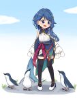  1girl :d absurdres animal bangs bare_shoulders bird black_thighhighs blue_eyes blue_hair blue_sky braid braided_bangs clouds commentary full_body hair_ornament hairclip highres long_hair looking_away low_ponytail open_mouth penguin project_gen2 shiraha_maru shoes single_sidelock sky smile solo standing thigh-highs tsubasa_aiba very_long_hair virtual_youtuber white_footwear zettai_ryouiki 