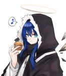  1girl :t absurdres arknights bangs black_jacket blue_eyes blue_hair blue_nails closed_mouth commentary_request cupcake detached_wings eating eighth_note food food_on_face fur-trimmed_hood fur_trim grey_wings hair_between_eyes halo hand_up highres holding holding_food hood hood_up hooded_jacket jacket long_sleeves looking_at_viewer mostima_(arknights) musical_note nail_polish simple_background solo spoken_musical_note white_background wings yuki_nko64 