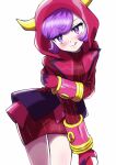  1girl :q courtney_(pokemon) gloves grabbing_own_arm highres hood hood_up hoodie horns insignia leaning_forward looking_at_viewer pokemon pokemon_(game) pokemon_oras purple_hair red_gloves red_hoodie red_sweater ribbed_sweater short_hair sweater team_magma team_magma_uniform thighs tonayon tongue tongue_out violet_eyes wrist_cuffs 