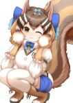  1girl :3 boots bow brown_eyes brown_hair chipmunk_(kemono_friends) chipmunk_ears chipmunk_girl chipmunk_tail cosplay cross-laced_footwear fur-trimmed_thighhighs hair_bow highres ibuki_s_forpm kemono_friends kemono_friends_v_project lace-up_boots looking_at_viewer one_eye_closed short_hair shorts siberian_chipmunk_(kemono_friends) siberian_chipmunk_(kemono_friends)_(cosplay) solo squatting 