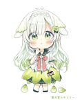  &gt;_&lt; ._. 1girl :o black_bow black_footwear blue_skirt blush bow braid character_request chibi closed_eyes closed_mouth full_body gradient_hair green_bow green_eyes green_hair hair_bow highres long_hair looking_at_viewer multicolored_hair parted_lips pink_bow sakura_oriko shirt shoes short_sleeves simple_background skirt solo standing translation_request utsunomiya-sen_meguri very_long_hair white_background white_bow white_hair white_shirt 