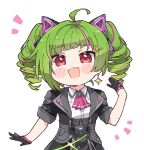  1girl :3 :d ahoge animal_ears ascot black_gloves black_jacket black_skirt blush blush_stickers cat_ears collared_shirt commentary cowboy_shot delutaya drill_hair earrings fang furrowed_brow gloves green_hair hair_ornament hairclip hand_up highres indie_virtual_youtuber jacket jewelry kukie-nyan looking_at_viewer multicolored_hair notice_lines pink_ascot pink_hair red_eyes shirt short_sleeves sidelocks simple_background skirt smile solo streaked_hair twin_drills twintails virtual_youtuber white_background white_shirt 