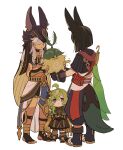  1girl 2boys animal_ears animal_hat aranara_(genshin_impact) bangs black_gloves black_hair black_headwear boots closed_mouth collei_(genshin_impact) cyno_(genshin_impact) dark-skinned_male dark_skin egyptian_clothes flying_sweatdrops fox_boy fox_ears fox_tail genshin_impact gloves green_hair grey_hair hair_over_one_eye hat highres holding iwashi_(iwashi008) multicolored_hair multiple_boys red_eyes simple_background standing sweat tail tighnari_(genshin_impact) trembling violet_eyes white_background 