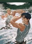  2boys aged_down black_hair blonde_hair character_request check_character dio_brando highres jojo_no_kimyou_na_bouken jonathan_joestar lake male_focus multiple_boys open_mouth partially_submerged ripples short_hair sleeveless splashing teeth usolging wading water wet wet_clothes 