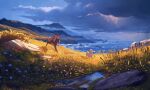  blue_sky clouds cloudy_sky danfango day deer flower goat highres no_humans original outdoors rock scenery sky 