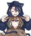  2girls animal_ears blue_eyes blue_hair braid brown_hair cat_ears cat_tail clipe dog earrings fangs hololive hololive_english jewelry medium_hair multiple_girls nanashi_mumei one_eye_closed open_mouth ouro_kronii pajamas single_braid tail upper_body virtual_youtuber 