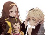  1girl 2boys ^_^ ^o^ artist_name bangs black_gloves blonde_hair blush brown_eyes brown_hair chacha_(fate) child closed_eyes closed_mouth commentary_request fate/grand_order fate_(series) gloves green_eyes grey_hair hair_tie hairband hand_on_another&#039;s_head head_rub ishida_mitsunari_(fate) japanese_clothes long_hair long_sleeves looking_at_another male_child meiji_ken mother_and_son multicolored_hair multiple_boys no_headwear open_mouth parted_bangs parted_lips short_hair shusha_(fate) sidelocks simple_background smile turtleneck two-tone_hair upper_body very_long_hair white_background wide_sleeves yellow_hairband 
