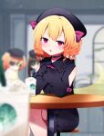 3girls absurdres alternate_costume bare_shoulders blonde_hair blurry blurry_background blurry_foreground bokeh bow choker cup depth_of_field drinking_straw hat highres luna_child multiple_girls open_mouth sitting solo_focus star_sapphire sunny_milk table touhou you_(noanoamoemoe) 