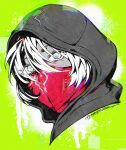  1girl animification apex_legends blue_eyes colored_skin green_background grey_skin hair_between_eyes head_only highres hood hood_up looking_at_viewer mask mouth_mask mozuwaka official_alternate_costume rift_stalker_wraith solo white_hair wraith_(apex_legends) 