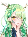  1girl bangs blush braid branch ceres_fauna earrings flower green_hair hair_flower hair_ornament hands_on_own_face highres hololive hololive_english horns jewelry leaf lily_lily lipstick looking_at_viewer makeup medium_hair mole nail_polish parted_lips wavy_hair white_background yellow_eyes 