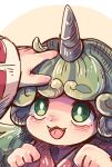  2girls :3 bangs bright_pupils commentary_request eyebrows_hidden_by_hair fangs green_eyes green_hair hakurei_reimu hands_up headpat highres horns komano_aunn long_hair long_sleeves mame_komari multiple_girls one-hour_drawing_challenge open_mouth simple_background single_horn smile solo_focus touhou white_pupils 