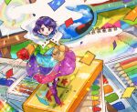  1girl :d blue_eyes blue_hair boots canvas_(object) cape cloak colored_pencil crayon dress full_body highres itomugi-kun long_sleeves looking_at_viewer marker medium_hair multicolored_clothes multicolored_dress multicolored_hairband notebook open_mouth paintbrush patchwork_clothes pencil pouch purple_footwear rainbow_gradient sky_print smile solo standing tenkyuu_chimata touhou two-sided_cape two-sided_fabric white_cloak 
