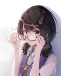  1girl :/ bangs brown_eyes brown_hair closed_mouth collared_shirt commentary_request fumei_(mugendai) highres lips looking_at_viewer low_twintails plaid plaid_vest purple_vest quimbaya_airplane red-framed_eyewear semi-rimless_eyewear shirt solo touhou twintails under-rim_eyewear upper_body usami_sumireko vest white_shirt wing_collar 