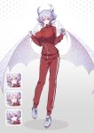  1girl blush breasts demon_girl demon_horns demon_wings duel_monster full_body highres horns large_breasts lovely_labrynth_of_the_silver_castle medium_hair mosu_(korikan) shaded_face shoes simple_background smile sneakers solo track_suit white_eyes white_hair wings yu-gi-oh! 