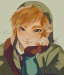  1boy artist_name bangs blonde_hair blue_eyes brown_gloves close-up fingerless_gloves gloves green_headwear green_tunic grey_background hat highres light_brown_hair looking_at_viewer male_focus pisu_1107 pointy_ears portrait shoulder_strap sidelocks smile solo the_legend_of_zelda the_legend_of_zelda:_skyward_sword 