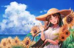  1girl :d alternate_costume artist_name bangs black_hair blue_sky breasts closed_eyes clouds collared_shirt dress_shirt flower hair_ribbon hand_up hat hiyou_(kancolle) holding holding_flower kantai_collection long_hair ocean parted_bangs ribbon shirt sky sleeveless sleeveless_shirt smile sun_hat sunflower waving white_ribbon white_shirt wss_(nicoseiga19993411) 