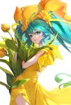  1girl absurdres ahoge alternate_costume bangs blue_eyes blue_hair dress flower hair_between_eyes hair_flower hair_ornament hands_up hatsune_miku heart highres leaf lizchief long_hair looking_at_viewer open_mouth orange_flower short_sleeves simple_background solo sunflower teeth tongue tulip twintails vocaloid white_background yellow_dress yellow_flower 