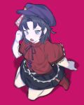  1girl blue_eyes blurry blurry_background blurry_foreground depth_of_field from_above hat hat_ornament highres miyako_yoshika motion_blur ntii ofuda open_mouth pink_background red_background simple_background skirt solo star_(symbol) star_hat_ornament touhou 