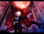  1boy black_border border building cape city closed_eyes closed_mouth clouds collared_shirt floating_hair formal highres male_focus medium_hair melty_blood moon night night_sky okada_pikoguramu open_mouth outstretched_arm red_moon shirt sky tsukihime wallachia wind wind_lift 