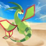  black_eyes bright_pupils clouds commentary day desert fang flygon flying from_behind highres horezai open_mouth outdoors pokemon sand sky white_pupils 