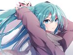  absurdres bag blue_eyes blue_nails coat floating_hair grey_sweater hair_between_eyes hatsune_miku highres long_hair long_sleeves looking_at_viewer multiple_girls nail_polish parted_lips purple_coat ribbed_sweater solo sugisoar sweater twintails tying_hair very_long_hair vocaloid white_background 