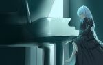  1girl absurdres black_dress dress grey_hair hair_ornament hair_over_one_eye highres instrument long_hair looking_at_viewer noir_(noworld) noworld piano qiyuan_yingluo sitting solo virtual_youtuber white_hair 