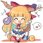  1girl :d bangs black_footwear blunt_bangs bow bowtie chain chibi closed_eyes cube cuffs facing_viewer footwear_bow full_body gourd hair_bow highres horn_ornament horn_ribbon horns ibuki_suika long_hair musical_note open_mouth orange_hair orb pyramid_(structure) ramudia_(lamyun) red_bow red_bowtie ribbon ribbon-trimmed_skirt ribbon_trim shackles smile socks solo spoken_musical_note torn_clothes torn_sleeves touhou twitter_username white_socks wrist_cuffs 