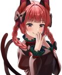  1girl animal_ears bangs banned_artist black_bow bow braid cat_ears cat_tail dress green_dress hair_bow juliet_sleeves kaenbyou_rin long_sleeves multiple_tails nekomata puffy_sleeves red_eyes redhead solo steepled_fingers tail tongue tongue_out touhou twin_braids two_tails upper_body white_background yuuka_nonoko 
