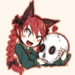  1girl ;d animal_ears bow braid cat_ears cropped_torso dress fang green_dress hair_bow heart kaenbyou_rin kaginoni one_eye_closed open_mouth red_eyes redhead simple_background skull smile touhou twin_braids upper_body white_background 