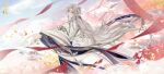  1boy chinese_clothes dress facial_mark falling_petals forehead_mark highres hua_yi_shan_xin_zhi_yue ling_xi long_hair male_focus petals solo white_dress white_hair 