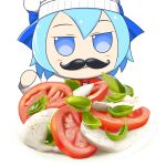  absurdres basil_leaf blue_bow blue_eyes blue_hair blush blush_stickers bow caprese_salad cheese chef_hat chef_uniform cirno destoroyar facial_hair fake_facial_hair fake_mustache food fumo_(doll) hat highres mustache plate red_bow salad tomato touhou transparent_background 