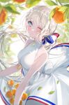  1girl back_bow backlighting bangs bare_shoulders blonde_hair blue_eyes blurry blurry_background blush bow breasts carrying closed_mouth dress food fruit hair_bow highres holding holding_food leaf long_hair looking_at_viewer medium_breasts miwano_rag orange_(fruit) original solo striped striped_bow tree white_dress 