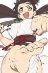  1girl barefoot belt black_eyes black_hair breasts fate/grand_order fate_(series) feet foot_focus himiko_(fate) japanese_clothes kicking long_hair looking_at_viewer lunapont open_mouth punching ribbon sideboob smile solo toes twintails 