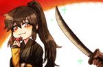  1boy black_hair black_kimono candy candy_wrapper fang food hair_between_eyes high_ponytail holding holding_food holding_weapon japanese_clothes kimono long_hair looking_at_viewer mo_dao_zu_shi orange_eyes parody sidelocks smug sword weapon wrapped_candy xue_yang 