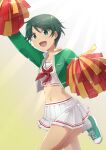  1girl breasts cheering cheerleader crop_top cropped_jacket green_eyes green_footwear green_hair green_jacket holding holding_pom_poms jacket kantai_collection long_sleeves midriff miniskirt mogami_(kancolle) nao_(nao_eg) navel open_clothes open_jacket pleated_skirt pom_pom_(cheerleading) shoes short_hair skirt small_breasts sneakers socks solo standing standing_on_one_leg white_skirt white_socks 